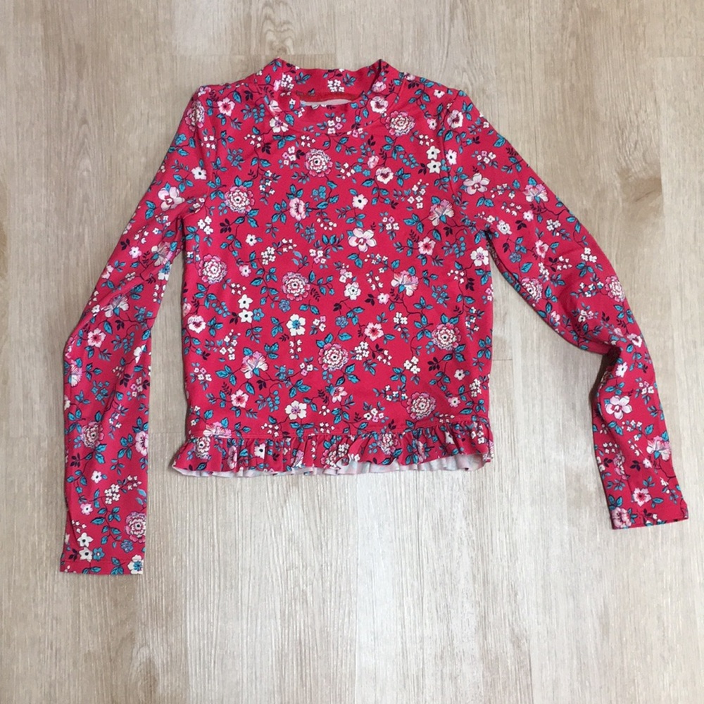 Janie and Jack Floral Red Long Sleeve Rash Guard Swim Top Peplum Hem Detail 10